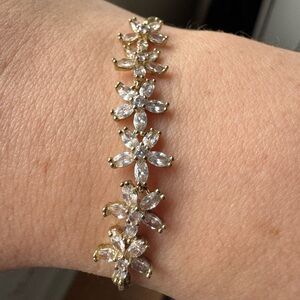Adjustable Gold Tone Crystal Floral Bracelet